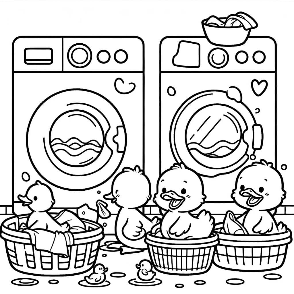 Ducklings doing laundry with washing machines