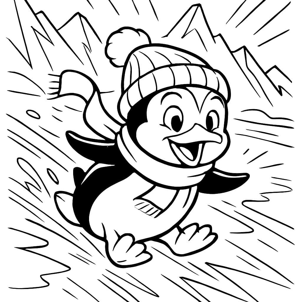 um pinguim deslizando de barriga com um cachecol e um chapéu enquanto desliza no gelo