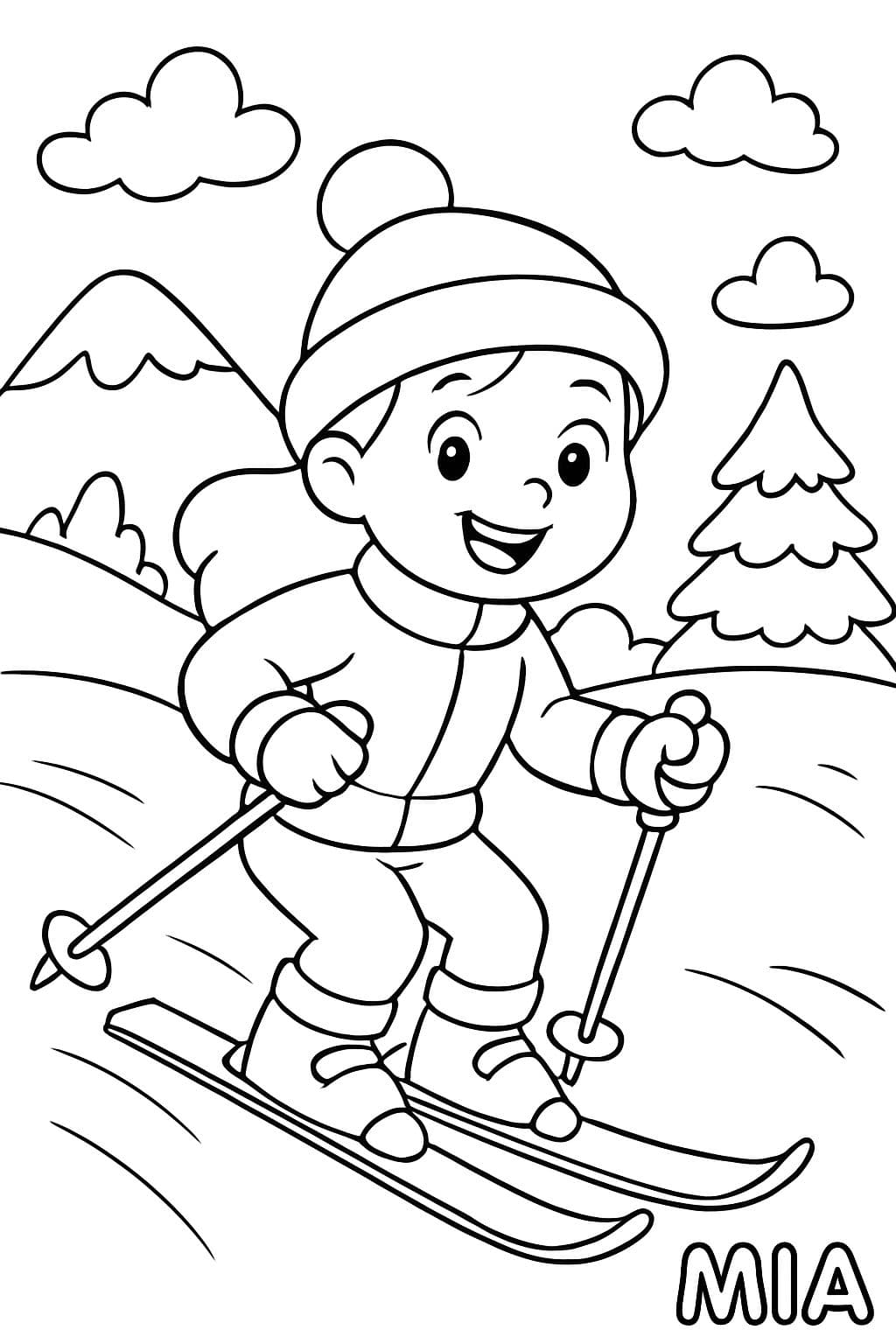 Chica esquiadora, el nombre Mia en la esquina
