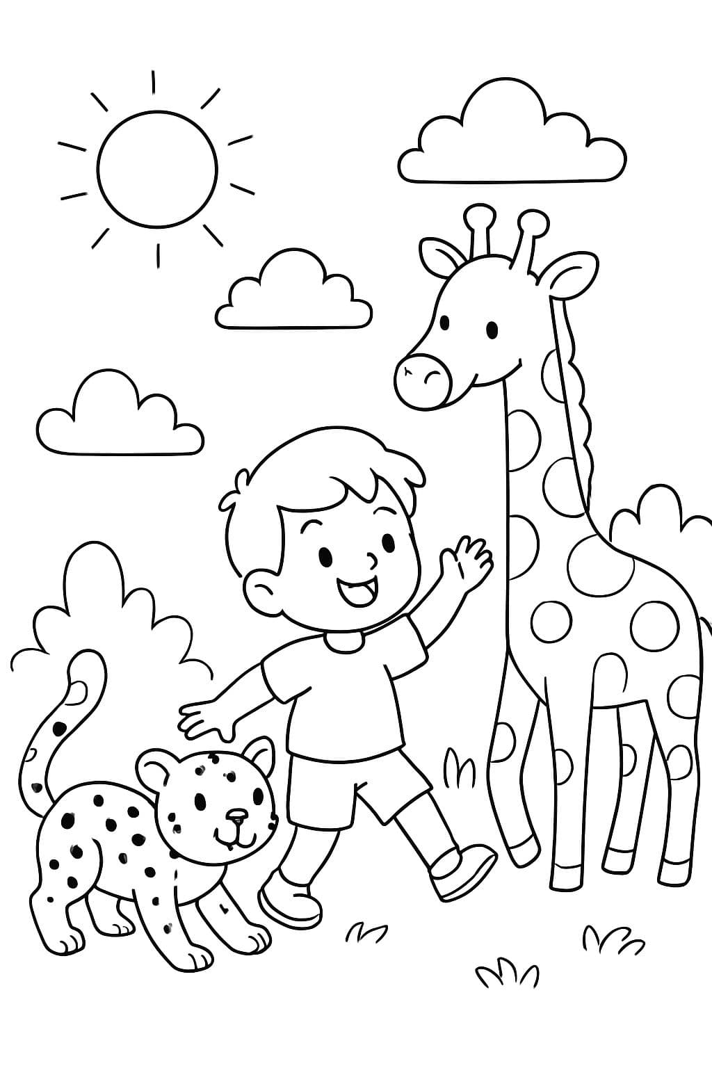 Ein Gepard und eine Giraffe spielen mit einem kleinen Jungen.