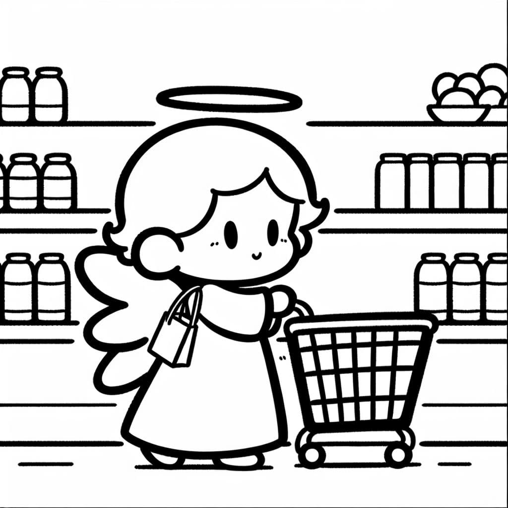 Un ángel comprando felizmente en una tienda. Esta escena muestra al ángel en un entorno colorido lleno de regalos y juguetes.
