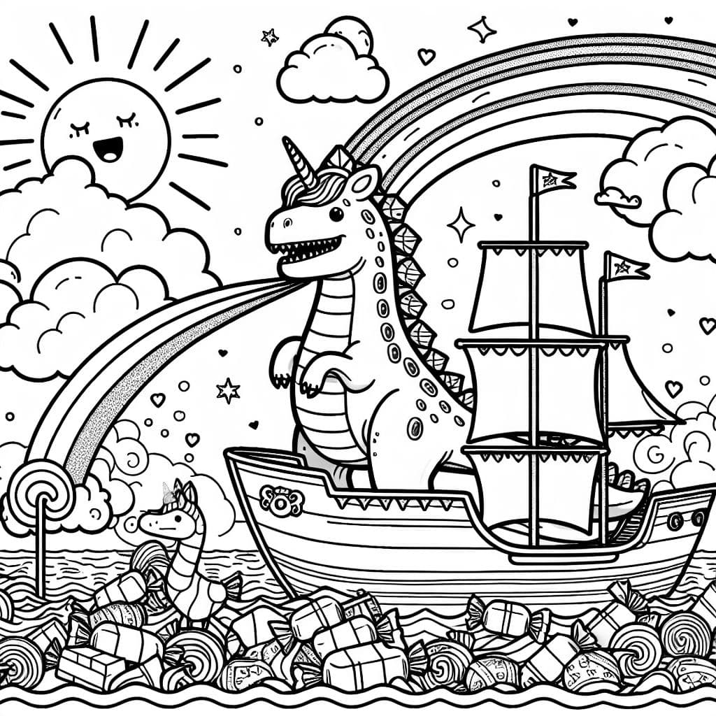 Un dinosaurio disfrazado de unicornio en un barco pirata navegando en un mar de caramelos con un sol arriba que está vomitando.