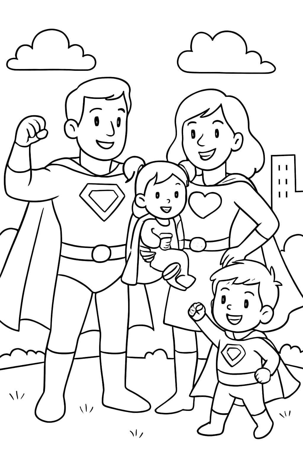 Maman, papa super-héros avec une petite fille et un garçon d'âge préscolaire.