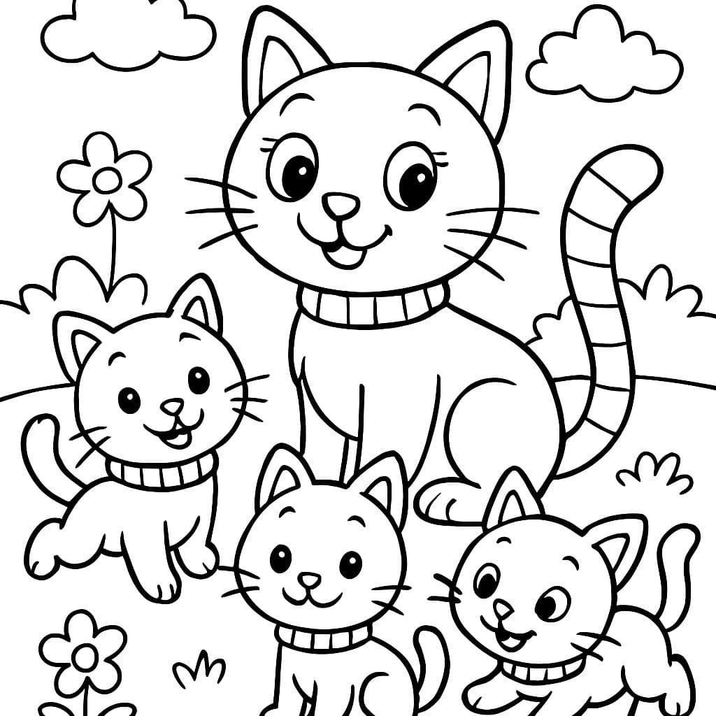 Un chat et ses 3 chatons, chacun avec un collier rayé et le chat a une queue rayée.