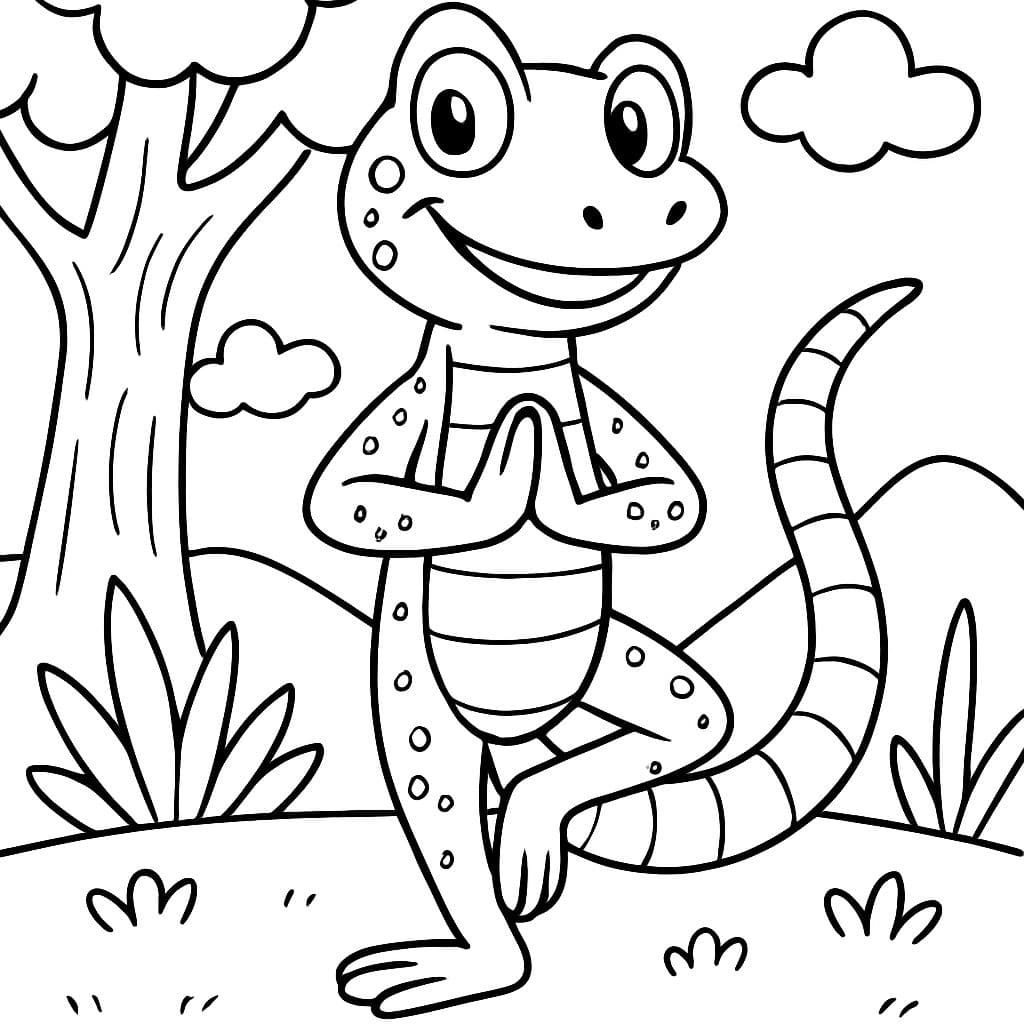 Una lagartija en la postura del árbol de yoga