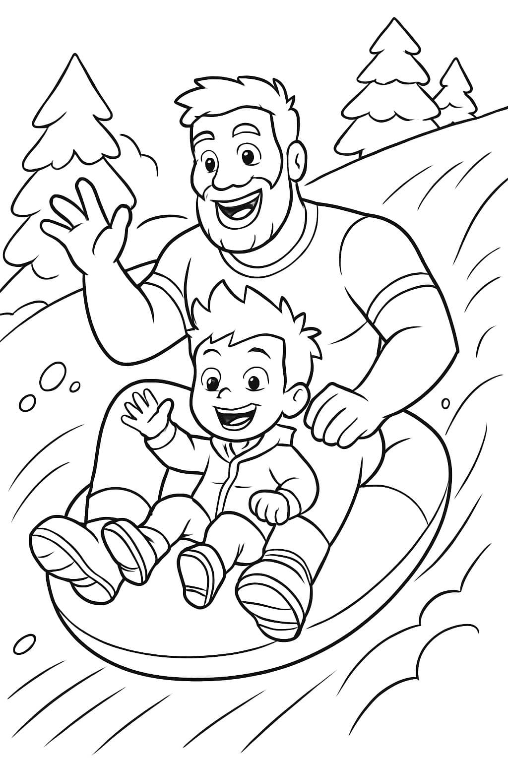 Ein 37-jähriger muskulöser bärtiger Vater und sein 3-jähriger Sohn mit stachligen Haaren rodeln auf einem Tubus einen schneebedeckten Hang hinunter.