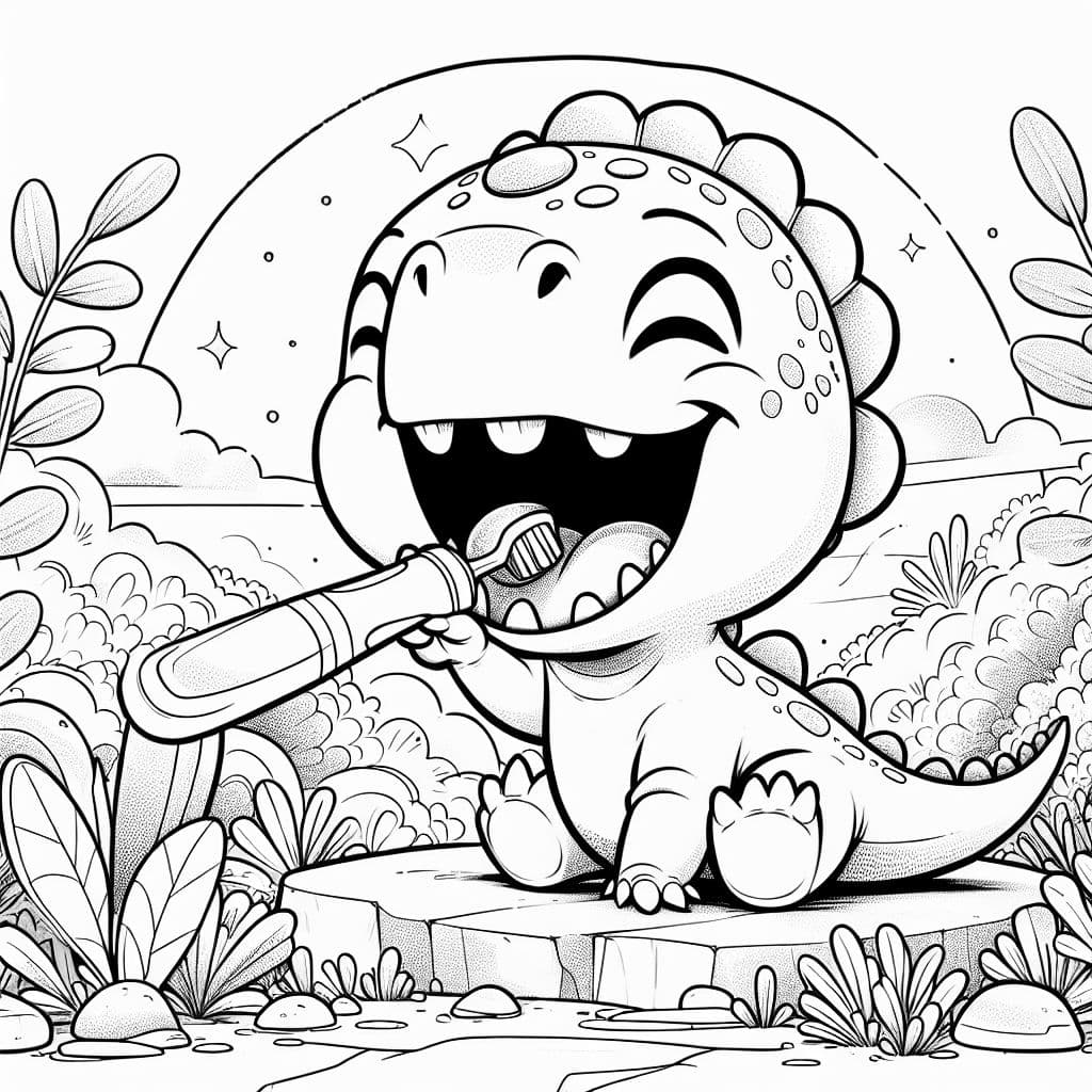einen Baby-Dino, der sich glücklich die Zähne putzt