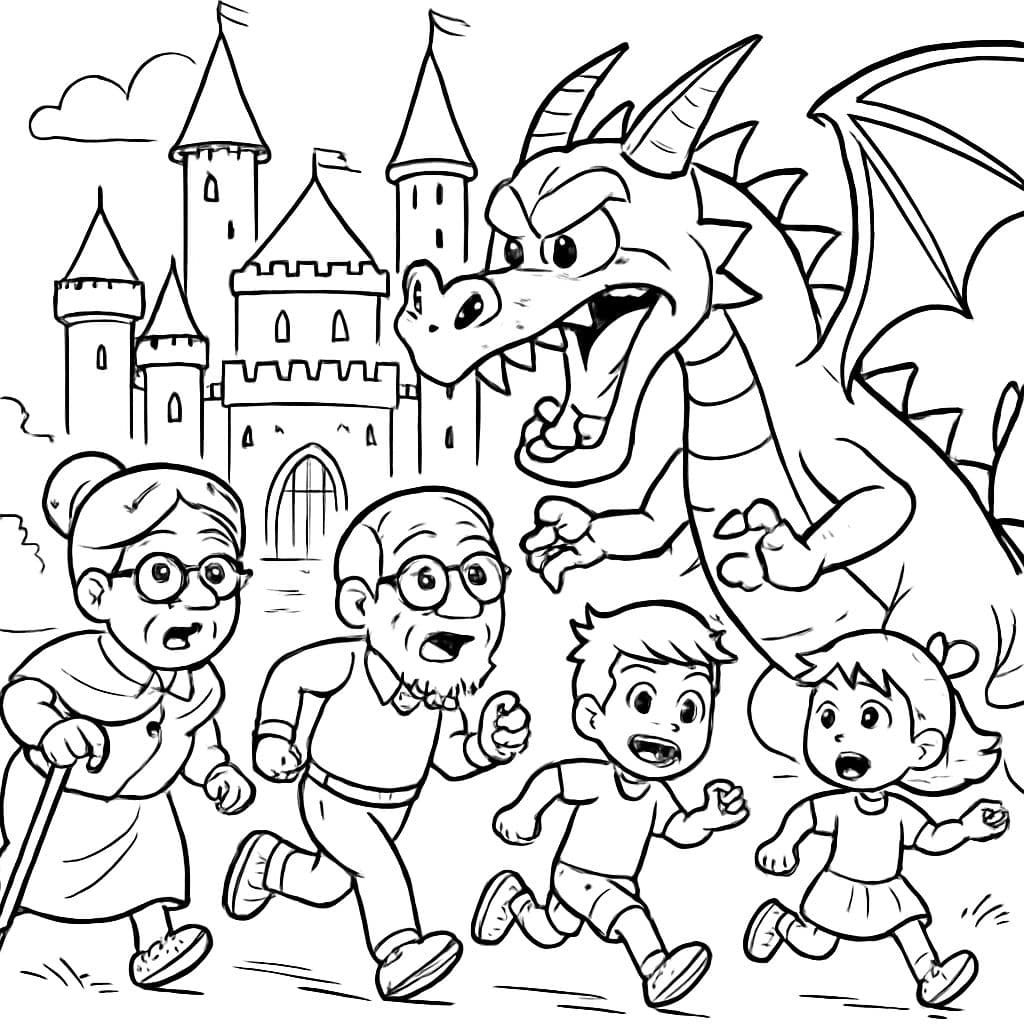 castillo grande, dragón aterrador, abuela, abuelo, niño, niñita