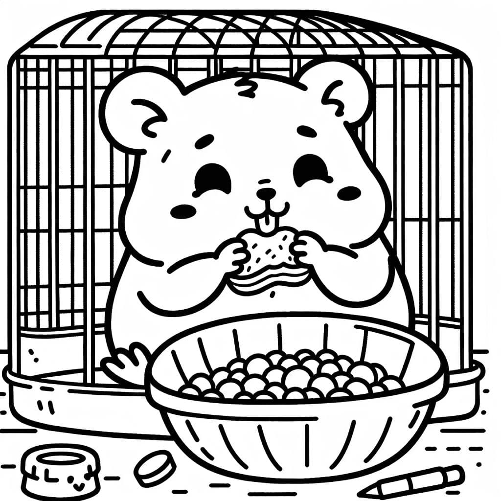 Hámster sentado en la jaula comiendo su comida.