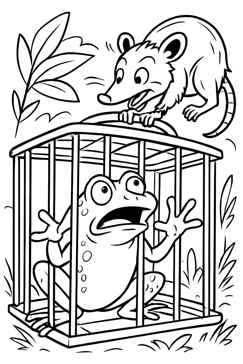 Frosch in einem Froschkäfig mit einem Opossum darin