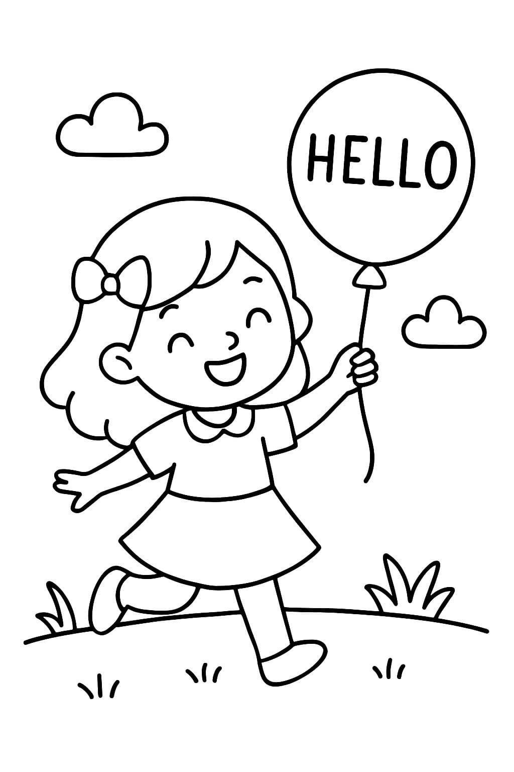 una niña bailando con un globo con la palabra hola