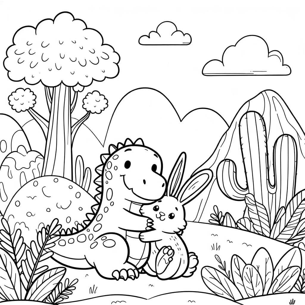 einen dinosaurier der mit einem kaninchen kiuschelt