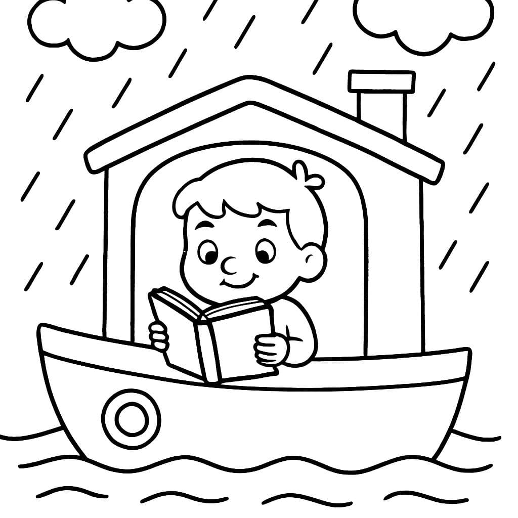 Una persona leyendo en una casa flotante en un día lluvioso