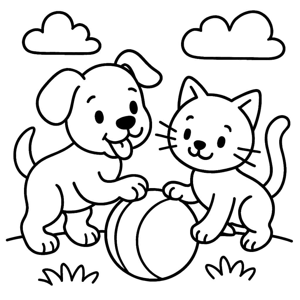 Welpe und Kätzchen spielen zusammen mit einem Ball.