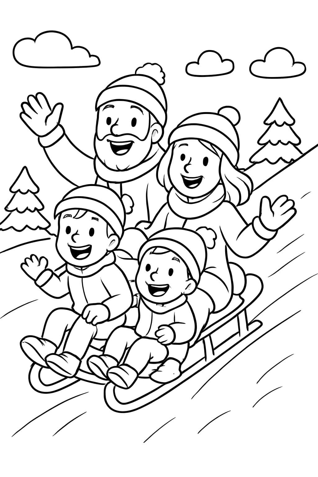 Um pai barbudo de 36 anos, uma mãe baixa de 32 anos, um menino de 3 anos e um menino de 2 anos descendo uma colina nevada de trenó juntos.