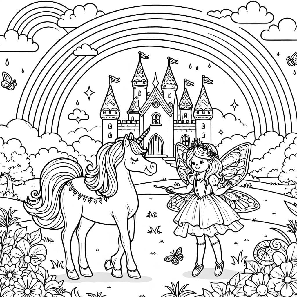 ein Einhorn und eine Fee, die vor einem Schloss stehen. Am Himmer ist ein Regenbogen zu sehen.