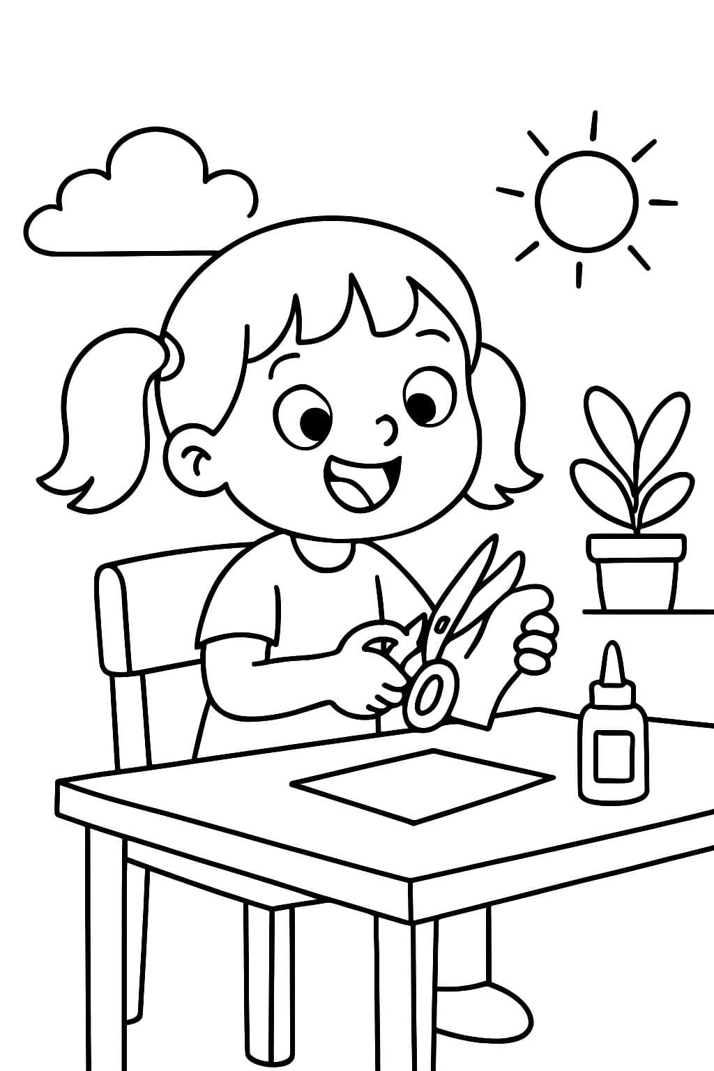 Fille utilisant des ciseaux assise sur une chaise, à une table.