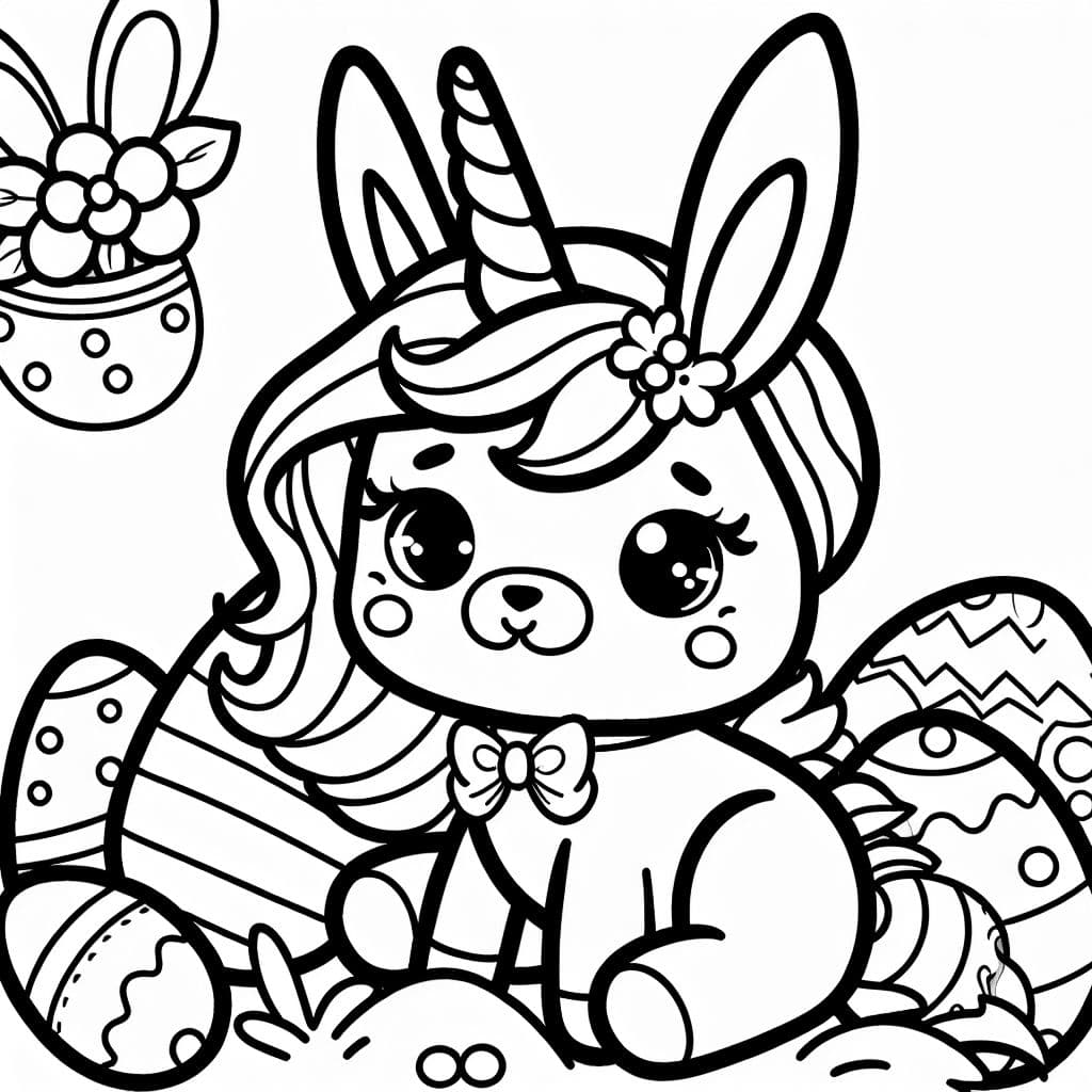 Un unicorn déguisé en lapin de Pâques et des œufs de Pâques.