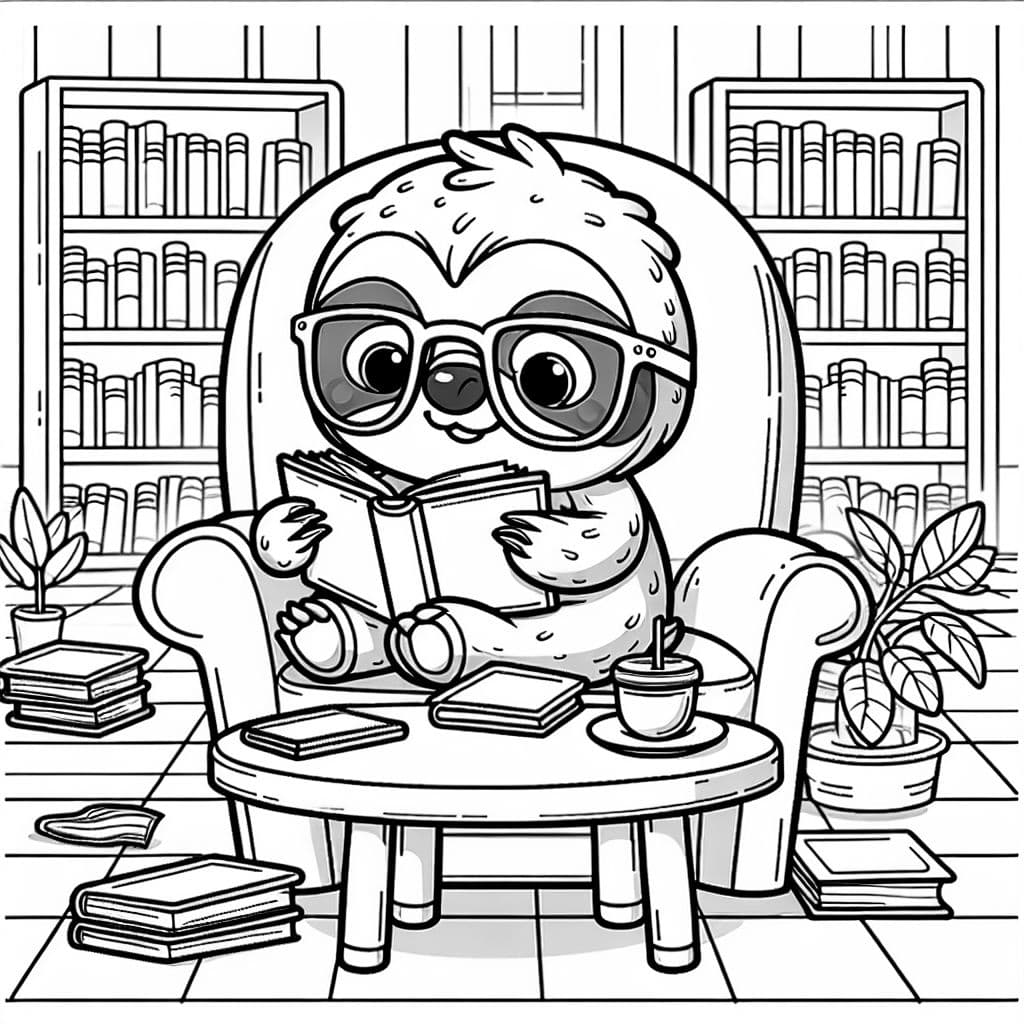 A sloth wearing classes reading in the library