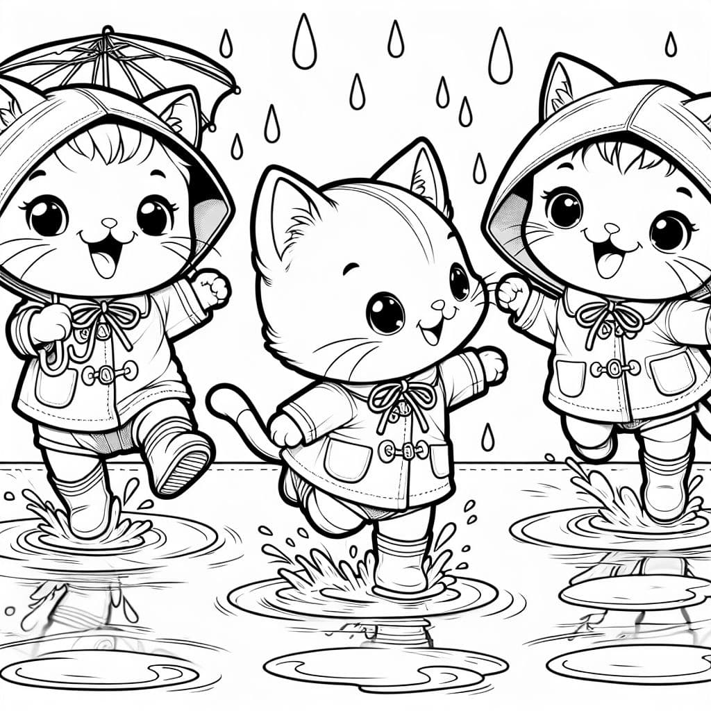 kittens wearing raincoats splashing in the puddles