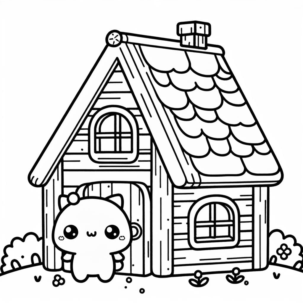 Una cabaña kawaii con detalles adorables y colores alegres, perfecta para que los niños coloreen.