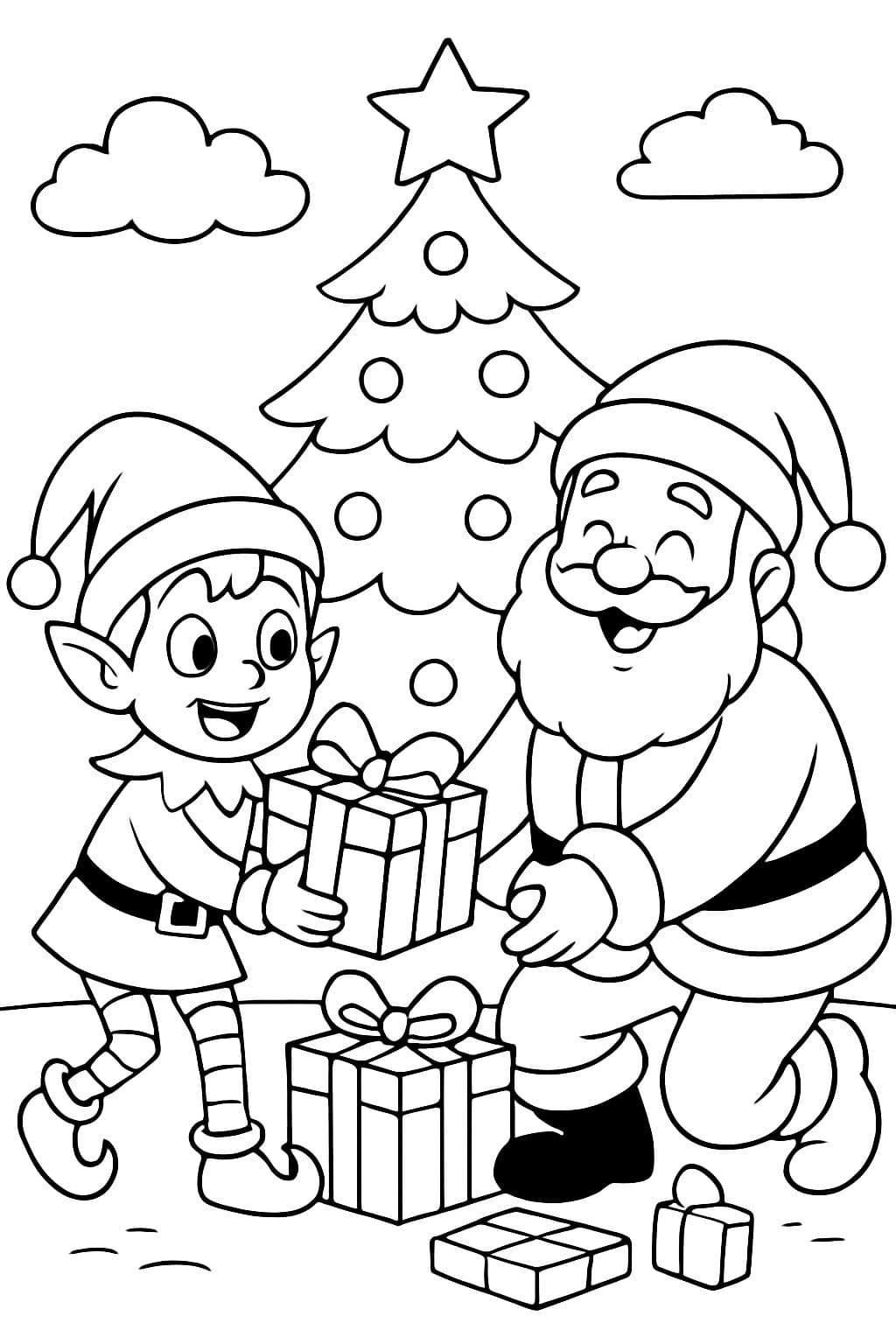 Elfo y Santa poniendo regalos debajo del árbol