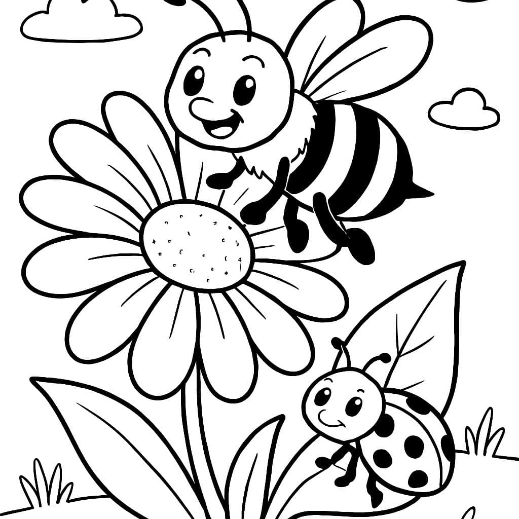 Une fleur avec une bourdon et un coccinelle assis sur sa feuille