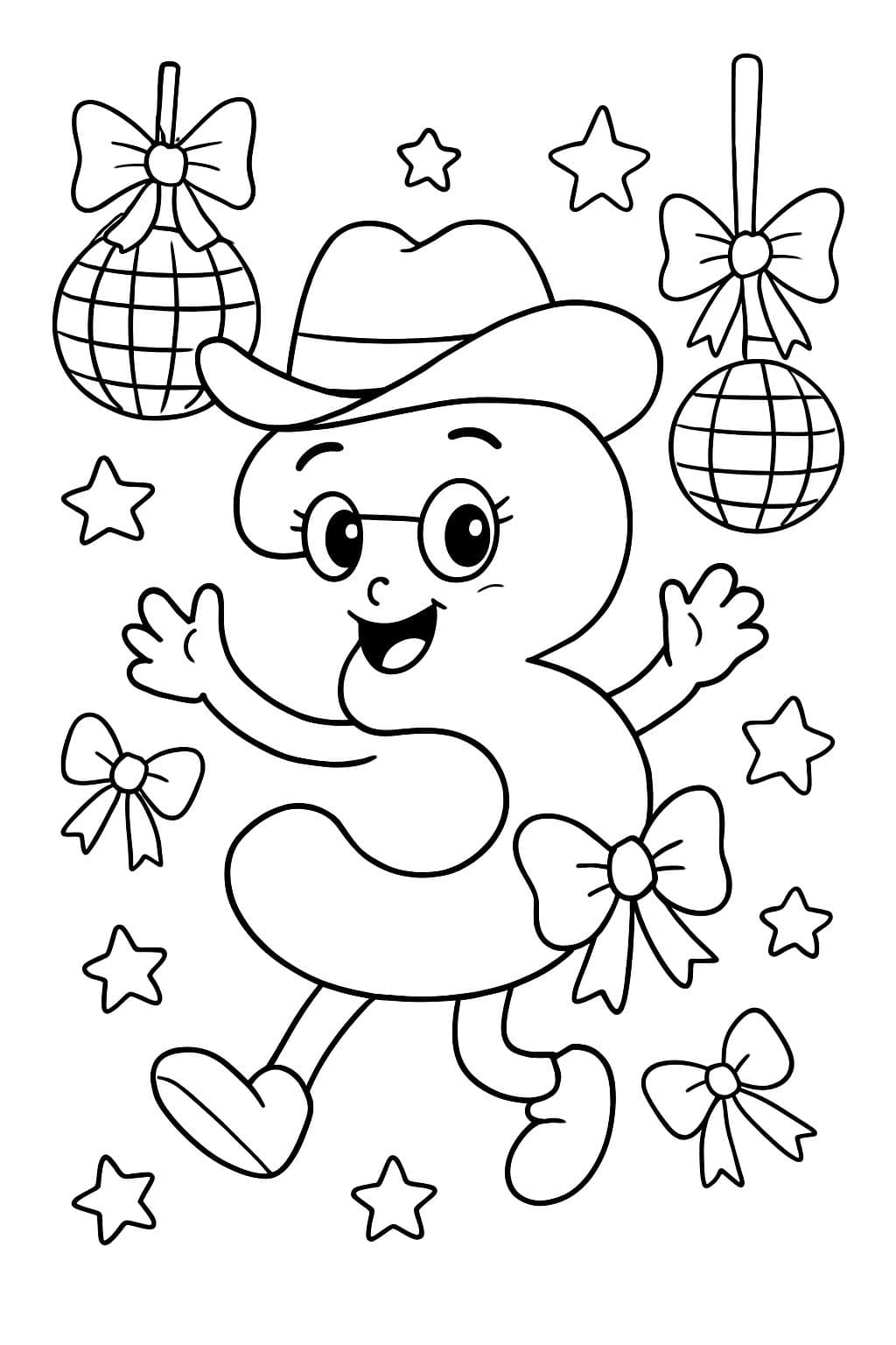 Numéro 3 avec des nœuds, des boules disco et un chapeau de cowgirl