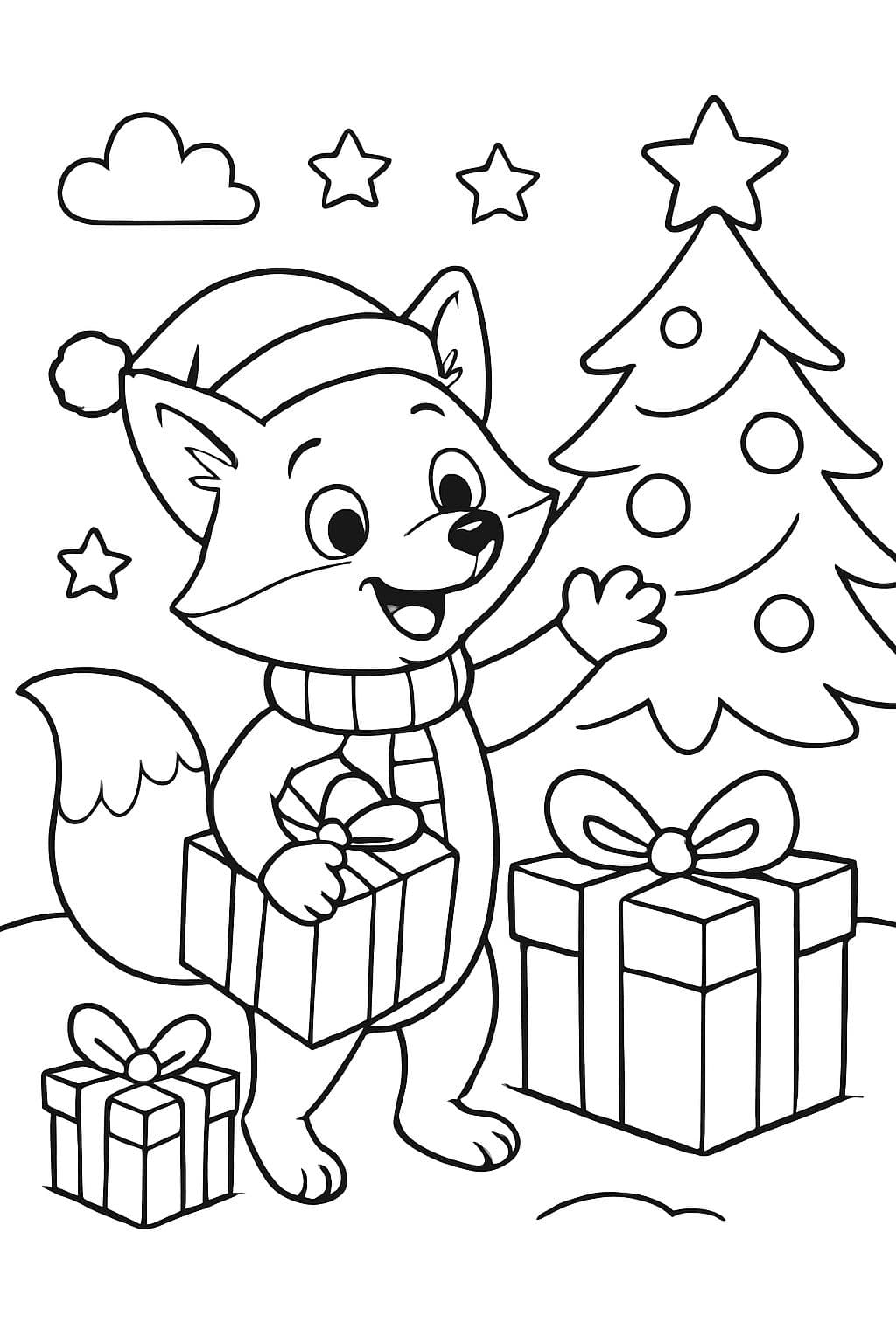 Un zorro navideño con regalos y un árbol de Navidad