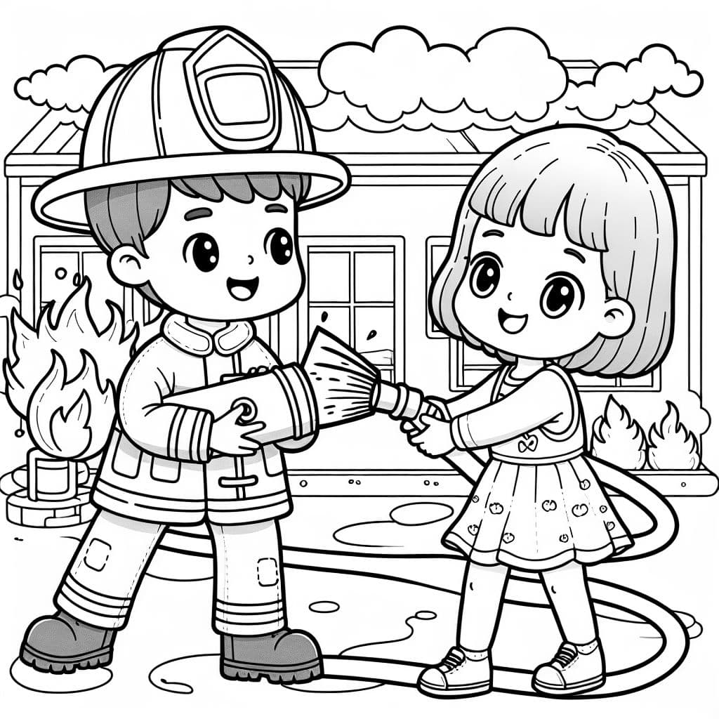 Ein Feuerwehrmann und ein Mädchen mit kurzen Haaren löschen gemeinsam ein Feuer.