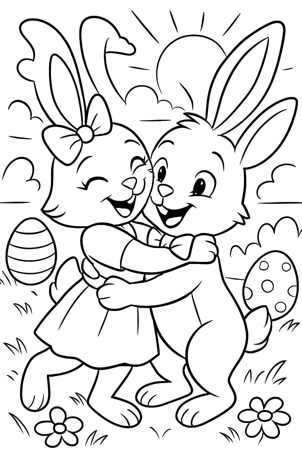 une fille lapin de Pâques et un garçon lapin de Pâques qui s'embrassent