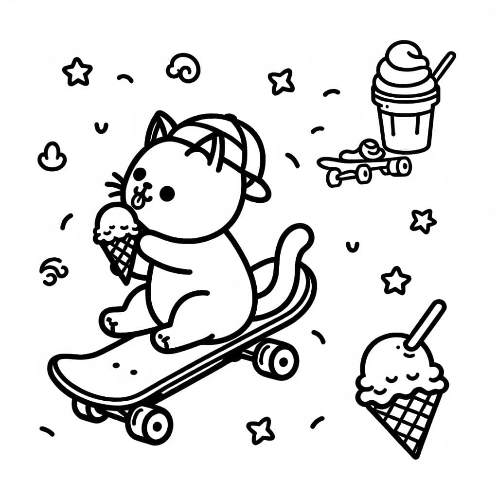 Eine Katze auf einem Skateboard, die ein Eisessen genießet.