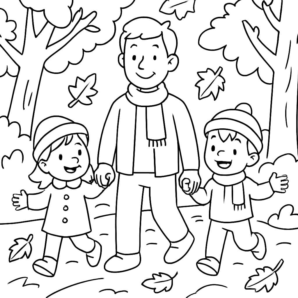 Un papá, una niña y un niño caminando en un bosque de otoño