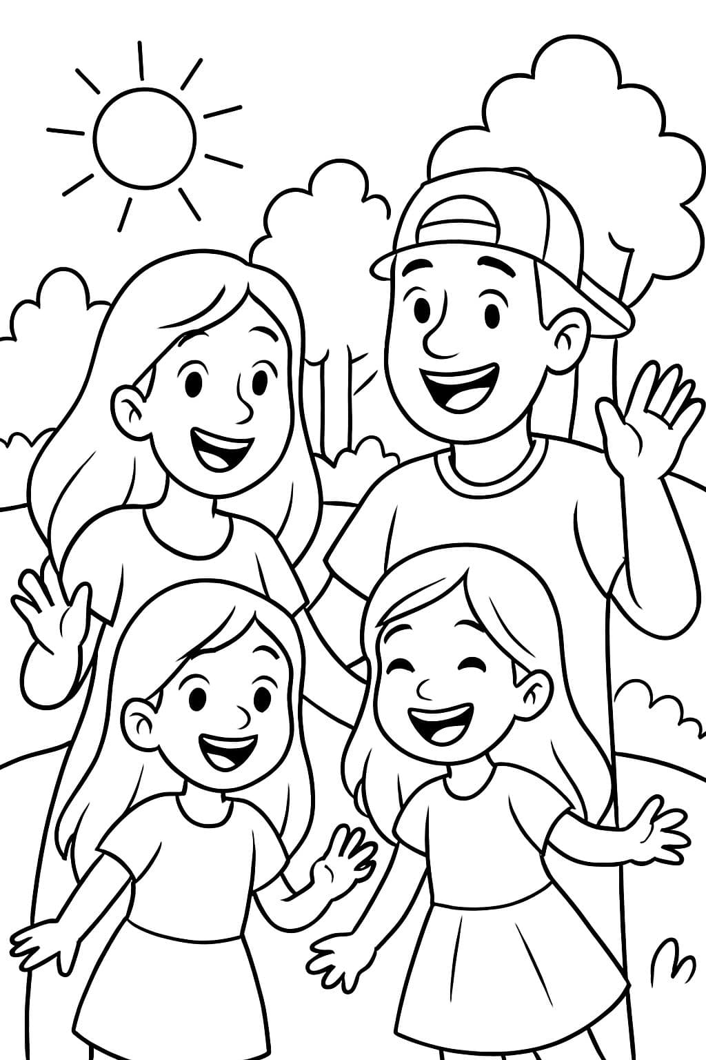 A mom with long hair, a dad with a backwards hat, 2 daughters with long hair.