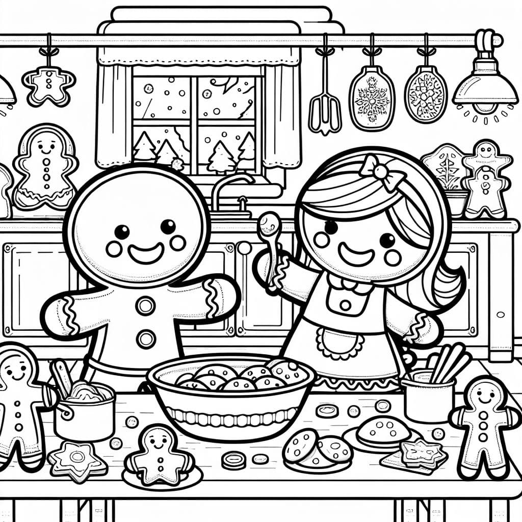 gingerbread people making cookies in a cozy kitchen during christmas