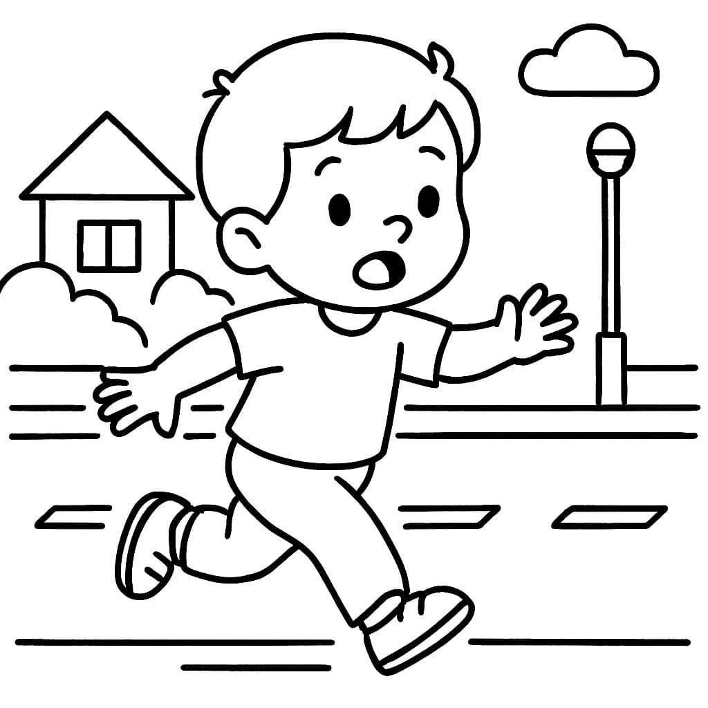 Un garçon blond de 3 ans courant sur la route sans un adulte.