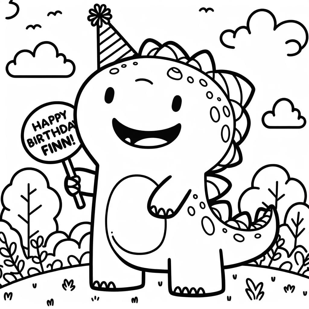 A dinosaur holding a sign that says “happy birthday finn”