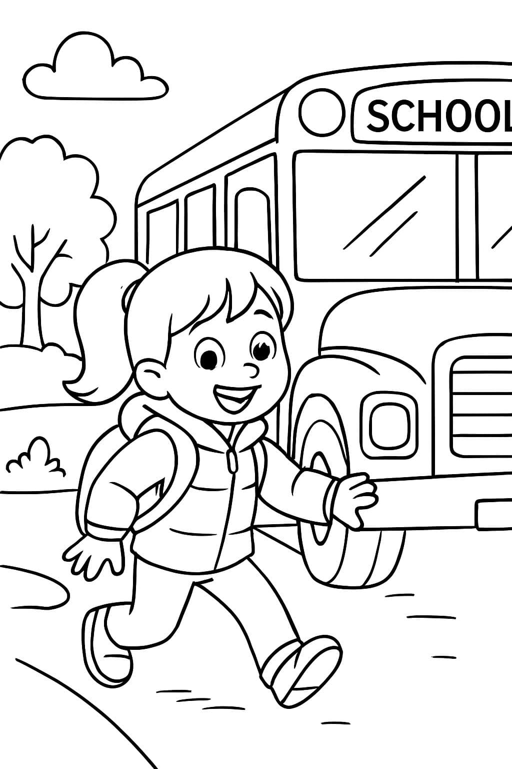 Fille de 6 ans avec une queue de cheval, une veste d'hiver et un sac à dos, descendant du bus scolaire pour rentrer chez elle.