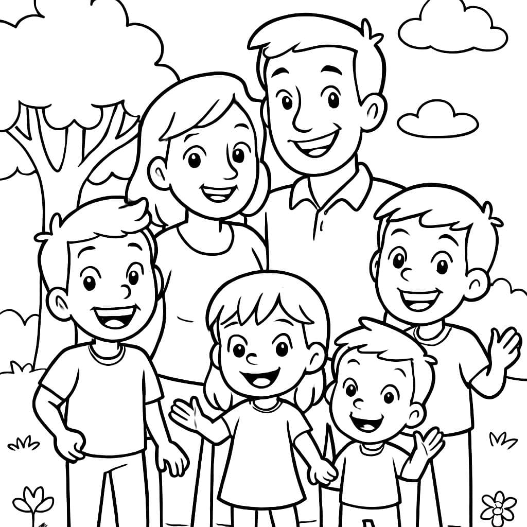 Image de famille avec père, mère, 2 grands garçons, une petite fille, un petit garçon