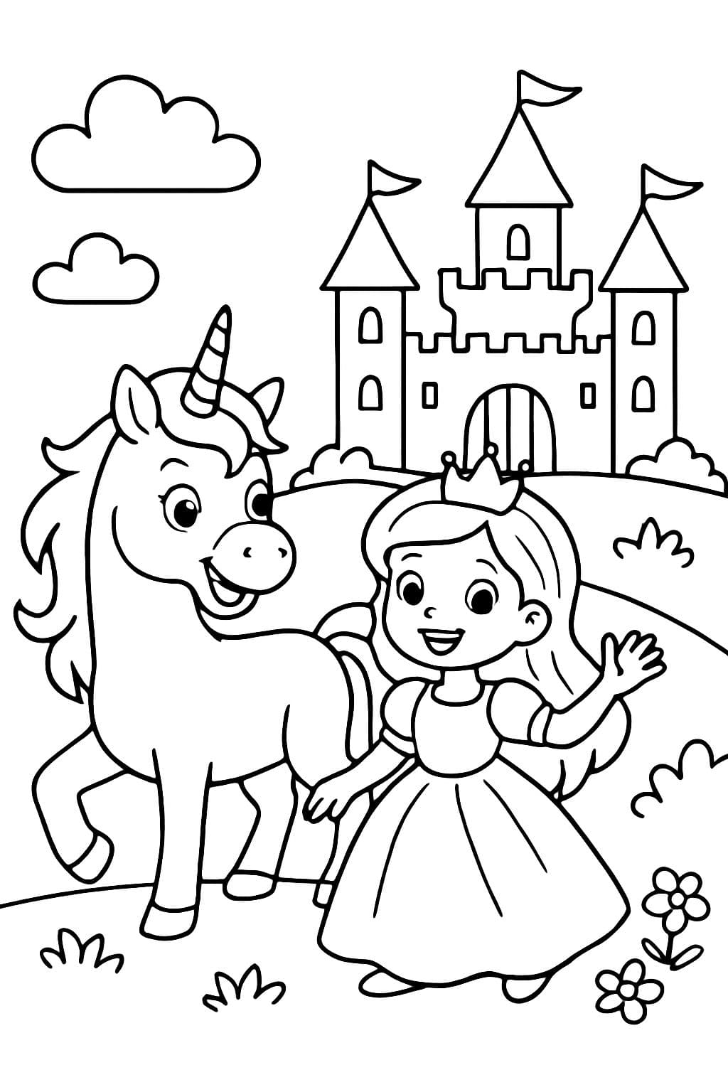 Un unicornio con una princesa fuera de un castillo