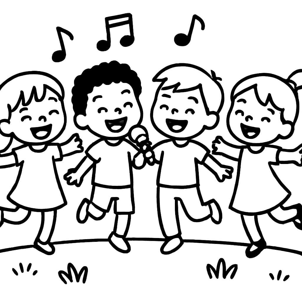 Cuatro niños bailando y cantando juntos. Dos chicas y dos chicos. Un chico es negro.