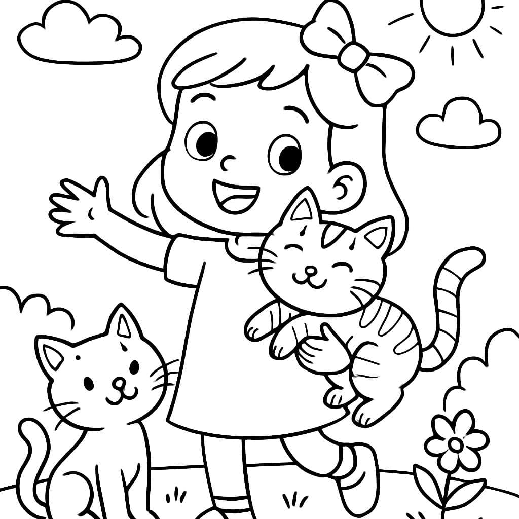 Une fille avec deux chats. Elle doit écrire le nom ALMA à colorier.