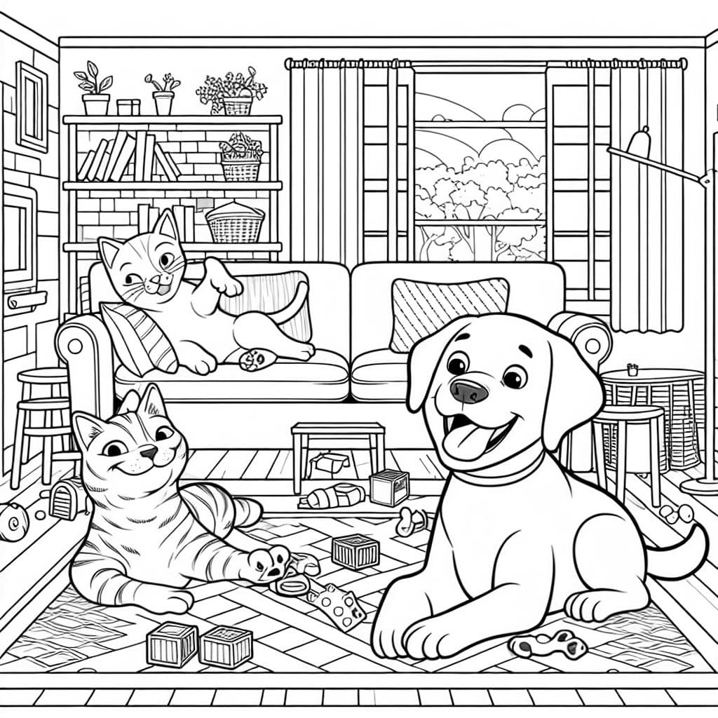 Un gato atigrado y un labrador retriever están juntos dentro. Una imagen linda para que los niños coloreen.