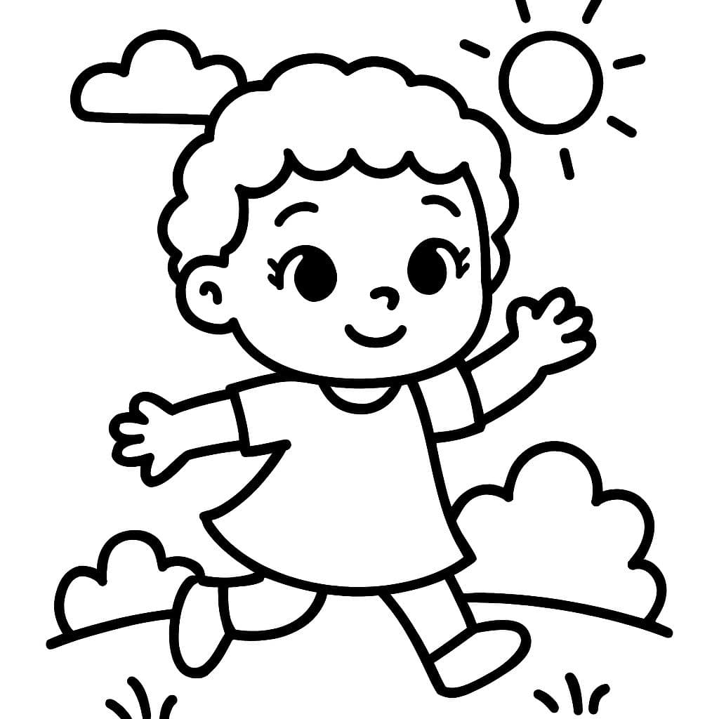 Niña pequeña con cabello rizado corto y ojos de venado jugando afuera.