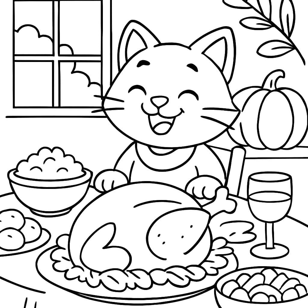 Un chaton assis à une table de Thanksgiving pour le dîner.