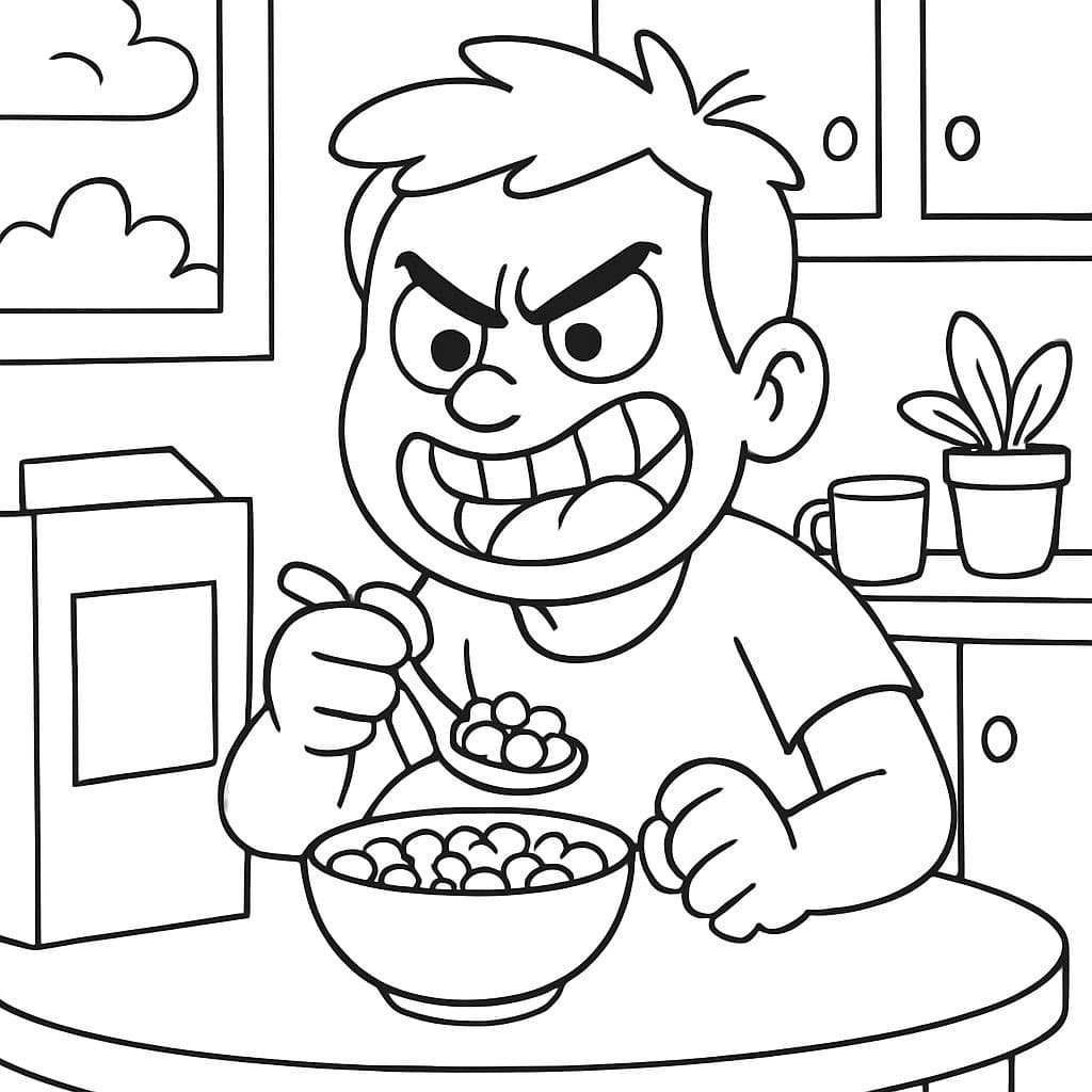 Hombre enojado comiendo cereal con una sonrisa