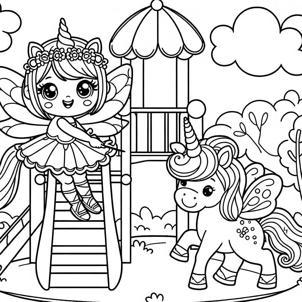 un unicornio que está con un hada en un parque infantil