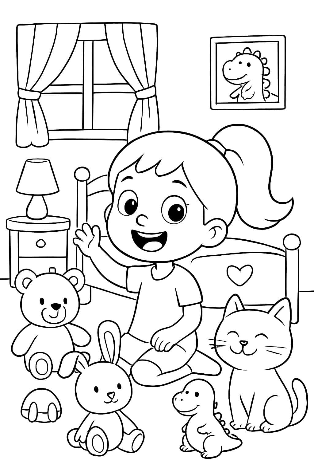 Fille de 6 ans avec une queue de cheval dans sa chambre pleine d'animaux en peluche