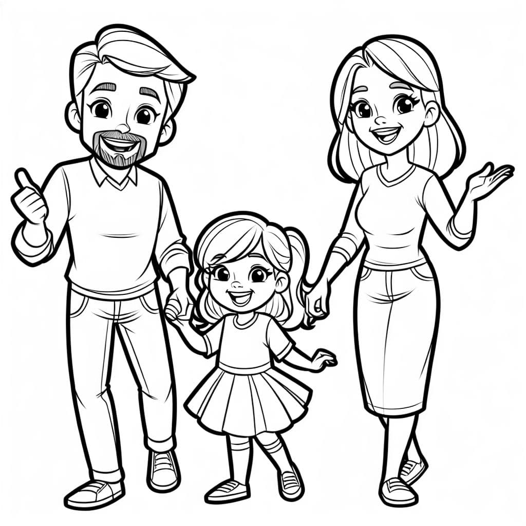 Vater mit Ziegenbart, Mutter und 2 Töchter (eine Tochter mit kurzen Haaren. Die zweite größere Tochter mit Haaren bis zum hintern)