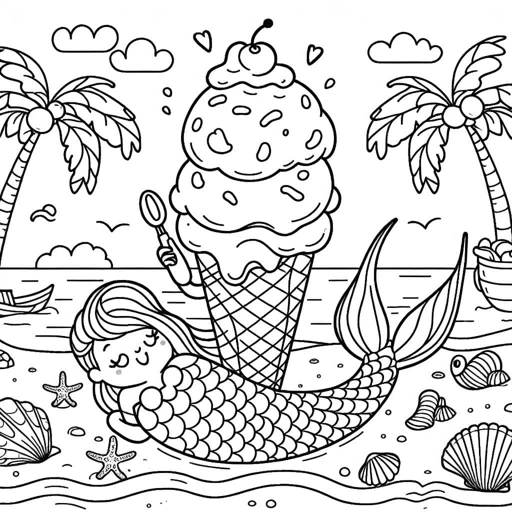 Una sirena disfrutando de un helado en la playa.